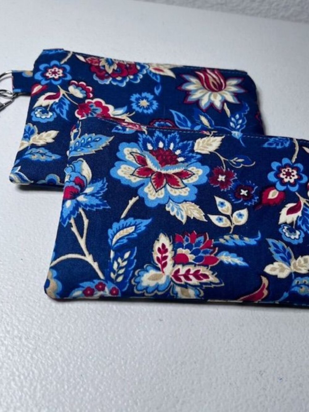 Handmade Floral Wristlet & Pouch Set – Dark Blue & Neutral Tones